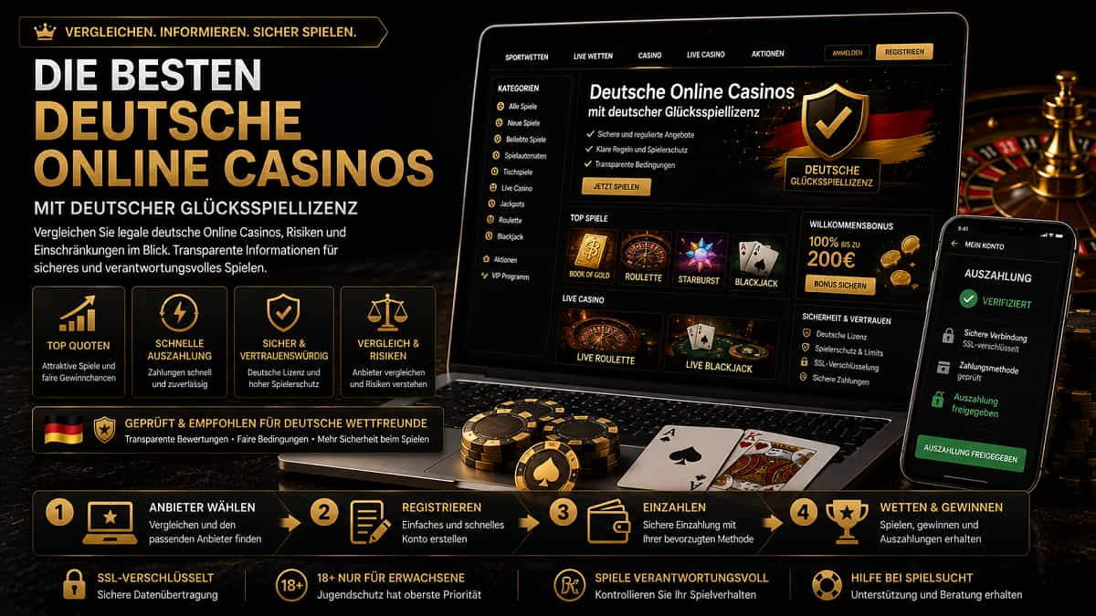 Hero-Banner für Deutsche Online Casinos mit Laptop, Smartphone, Spielkarten, Chips und Roulette in Schwarz-Gold.