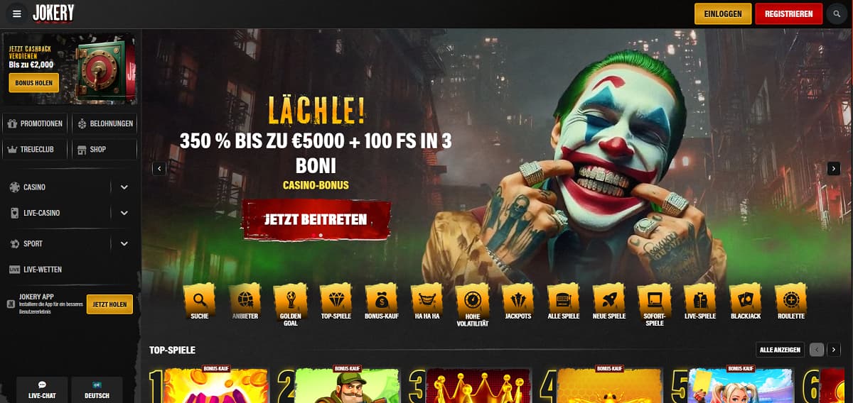 Jokery Casino-Startseite mit einem bunten Raster beliebter Spiele wie Fist of Destruction, Mummyland Treasures und Zeus 1000 sowie einem Banner mit bis zu 1000 € Bonus und 150 Freispielen. Die Oberfläche bietet Navigation für Jackpots, Megaways, Feature Buys und klassische Slots.
