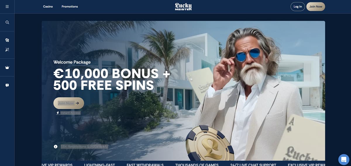 LuckyMeister Startseite mit Willkommenspaket von 10.000 € Bonus plus 500 Freispielen. Luxusdesign mit Villa, Pool und Spieler, der Chip und Asskarte hält. Navigation umfasst Casino und Promotionen, dazu Hinweise auf schnelle Auszahlungen, VIP-Rewards und 24/7‑Support.