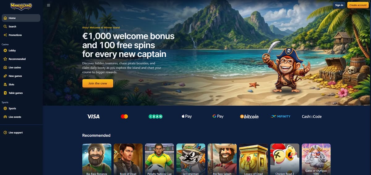 Winner Island Startseite mit tropischem Piraten-Design. Banner bewirbt 1.000 € Bonus plus 100 Freispiele für neue Spieler. Szene zeigt Piratenaffen mit Schatztruhe auf Strandinsel. Navigation umfasst Casino, Sportwetten und Promotionen, dazu Spiele wie Big Bass Bonanza, Book of Dead und Gates of Olympus.